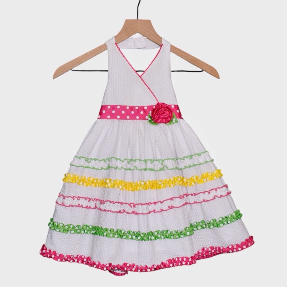 Jessica Ann Girls Polka Dot Trim Tiered Ruffle Halter Party Dress